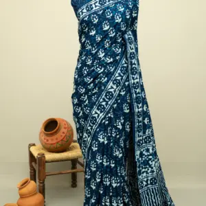 Indigo Blue Natural Dyed Hand Block Print Pure Cotton Bagru Saree.