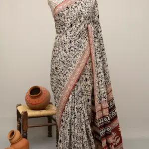 Beige Natural Dyed Hand Block Print Pure Cotton Bagru Saree.