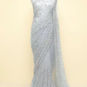 Powder Blue Net Aari Work Hand-Embroidered Saree with Sequins & Cutdana