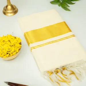 Off-White Pure Handloom Hand-Spun Kerala Kasavu Cotton Saree with Traditional Zari Border