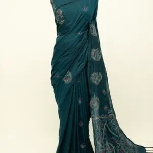 Teal Blue Hand Embroidery Kantha Stitch Floral Motifs Cotton Saree