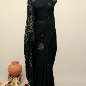 Black Hand Embroidery Kantha Stitch Floral Motifs Cotton Saree
