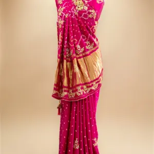 Hot Pink Modal Silk Handcrafted Bandhani Saree with Gotapatti Embroidery & Lagdi Patta Pallu