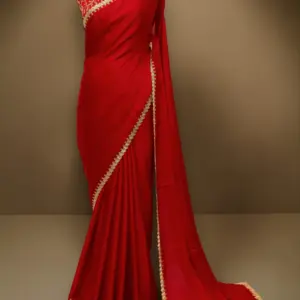 Red Satin Aari Work Hand-Embroidered Saree with Cutdana & Heavy Blouse
