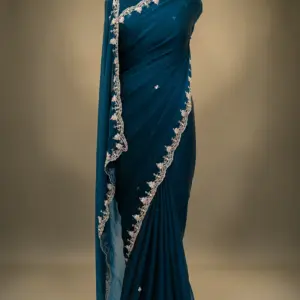Prussian Blue Moss Crepe Hand-Embroidered Aari Work Designer Saree with Zardozi, Cutdana & Pearl Work